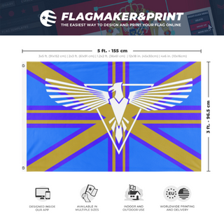 A mockup depicting custom flag specifications and measurements for 'Molossa Empire flag'