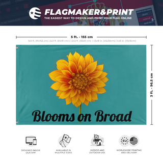 A mockup depicting custom flag specifications and measurements for 'Blooms On Broad flag'