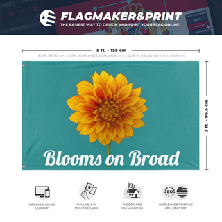 A mockup depicting custom flag specifications and measurements for 'Blooms on Broad flag'