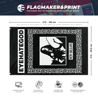 A mockup depicting custom flag specifications and measurements for 'EYEHATEGOD flag'