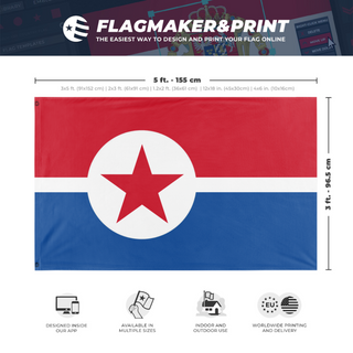 A mockup depicting custom flag specifications and measurements for 'North Korea flag'