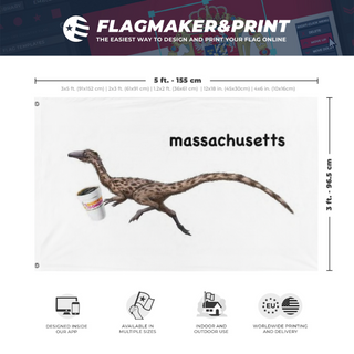 A mockup depicting custom flag specifications and measurements for 'Podokesaurus holyokensis flag'
