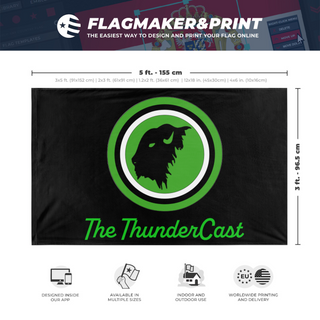 A mockup depicting custom flag specifications and measurements for 'ThunderCast flag'