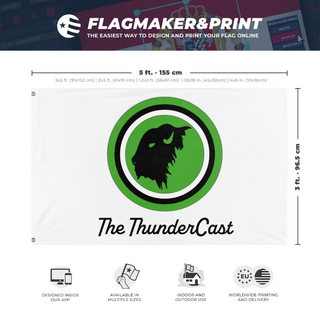 A mockup depicting custom flag specifications and measurements for 'ThunderCast White flag'