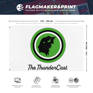 A mockup depicting custom flag specifications and measurements for 'ThunderCast White flag'