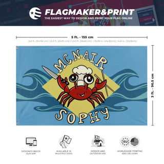 A mockup depicting custom flag specifications and measurements for 'Tylers_Crab_Flag flag'