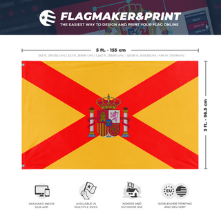 A mockup depicting custom flag specifications and measurements for 'New Spanish flag'