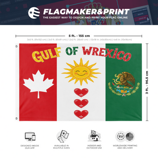 A mockup depicting custom flag specifications and measurements for 'Gulf of Wrexico flag'