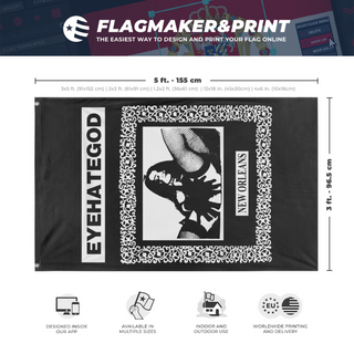 A mockup depicting custom flag specifications and measurements for 'EYEHATEGOD v2 flag'