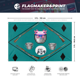 A mockup depicting custom flag specifications and measurements for 'Bucket Empire flag'