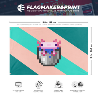 A mockup depicting custom flag specifications and measurements for 'Bucket Empire flag'