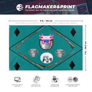 A mockup depicting custom flag specifications and measurements for 'Bucket Empire flag'