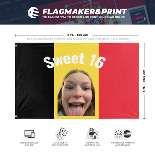 A mockup depicting custom flag specifications and measurements for 'Manon flag'
