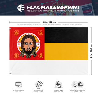 A mockup depicting custom flag specifications and measurements for 'Holy Russian State flag'