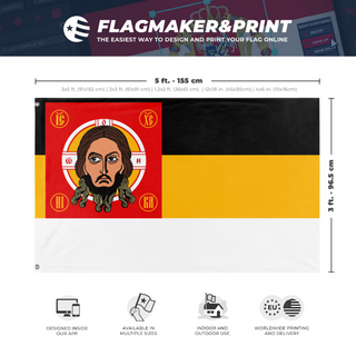 A mockup depicting custom flag specifications and measurements for 'Russian Holy State flag'