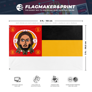 A mockup depicting custom flag specifications and measurements for 'Russian Holy State flag'