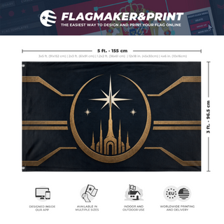 A mockup depicting custom flag specifications and measurements for 'SW Mirial Flag'