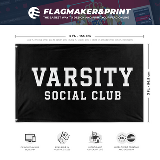 A mockup depicting custom flag specifications and measurements for 'Varsity Social Club flag'