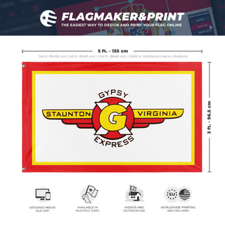 A mockup depicting custom flag specifications and measurements for 'GX flag'