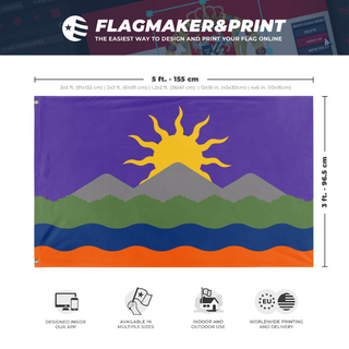 A mockup depicting custom flag specifications and measurements for 'Sun Over Mountains flag'