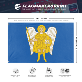 A mockup depicting custom flag specifications and measurements for 'Archangel Michael Blue flag'