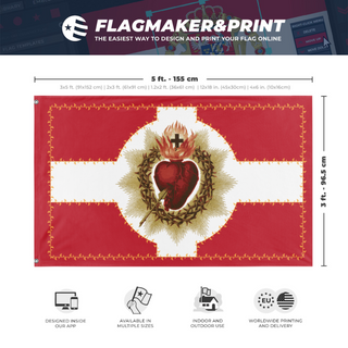 A mockup depicting custom flag specifications and measurements for 'Sacred Heart of Jesus flag'