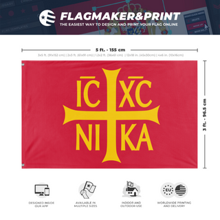 A mockup depicting custom flag specifications and measurements for 'Mandylion / IC XC NIKA flag'