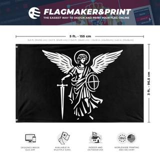 A mockup depicting custom flag specifications and measurements for 'Archangel St Michael Black flag'