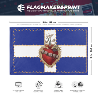 A mockup depicting custom flag specifications and measurements for 'Immaculate Heart of Mary flag'
