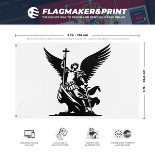 A mockup depicting custom flag specifications and measurements for 'Victory Banner of St. Michael flag'