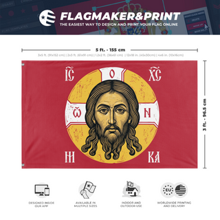 A mockup depicting custom flag specifications and measurements for 'Mandylion Face of Christ flag'