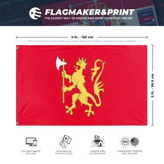 A mockup depicting custom flag specifications and measurements for 'High Kingdom of Norway flag'