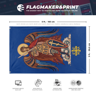A mockup depicting custom flag specifications and measurements for 'Archangel St. Michael flag'