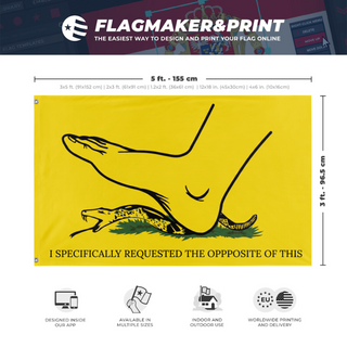 A mockup depicting custom flag specifications and measurements for 'I Specifically Requested the Opposite of This flag'