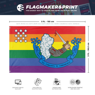 A mockup depicting custom flag specifications and measurements for 'Gostelowe No.10 Pride flag'