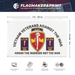 A mockup depicting custom flag specifications and measurements for 'VVAW/OSS flag'