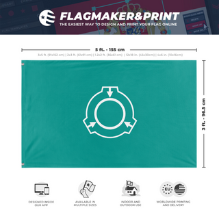 A mockup depicting custom flag specifications and measurements for 'SCP Foundation but Teal flag'