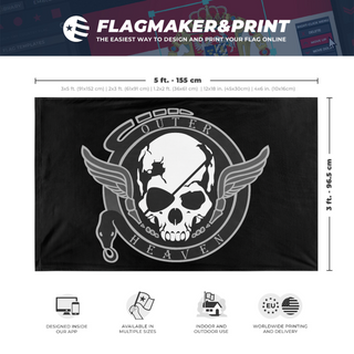 A mockup depicting custom flag specifications and measurements for 'Outer Heaven flag'