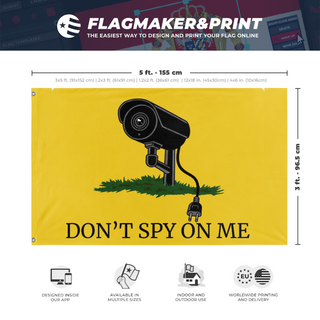 A mockup depicting custom flag specifications and measurements for 'Don't Spy On Me flag'