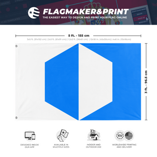 A mockup depicting custom flag specifications and measurements for 'Cubeland flag'