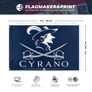 A mockup depicting custom flag specifications and measurements for 'Cyrano flag'