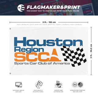 A mockup depicting custom flag specifications and measurements for 'HouSCCA Basic flag'