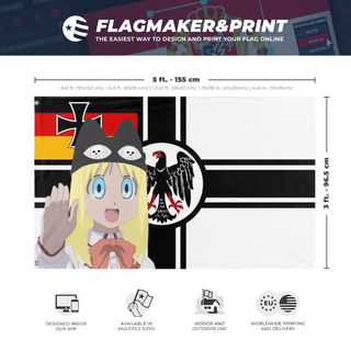 A mockup depicting custom flag specifications and measurements for 'Osaka German Empire flag'
