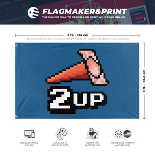 A mockup depicting custom flag specifications and measurements for '2up flag'