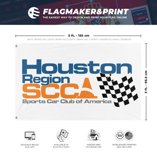 A mockup depicting custom flag specifications and measurements for 'HouSCCA Fixed flag'