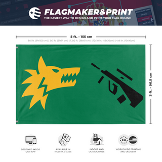 A mockup depicting custom flag specifications and measurements for 'Squad flag'