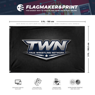 A mockup depicting custom flag specifications and measurements for 'TWN flag'