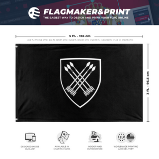 A mockup depicting custom flag specifications and measurements for '32nd Battalion flag'