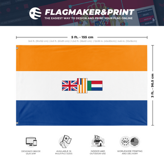 A mockup depicting custom flag specifications and measurements for 'Oranje Blanje Blue flag'