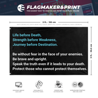 A mockup depicting custom flag specifications and measurements for 'Oaths to Uphold flag'